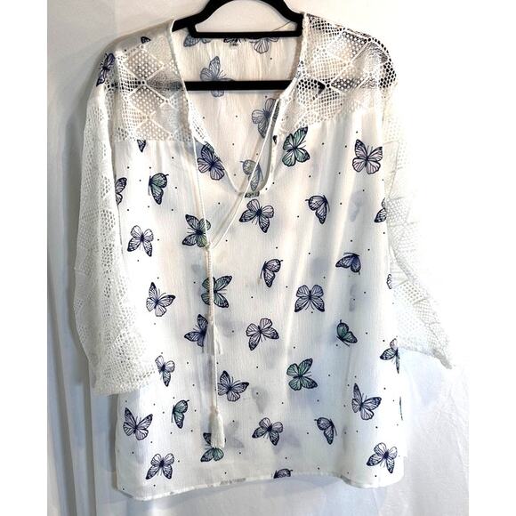 White Butterfly Crochet Sleeve Blouse XL – Boho Sheer Print Top - Picture 1 of 6